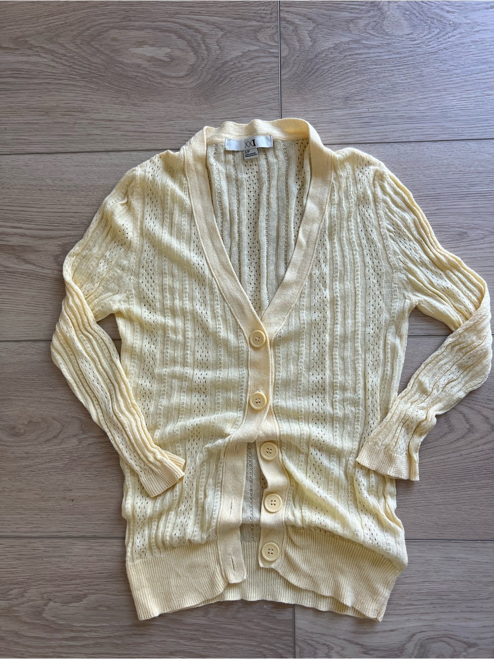 Forever 21 Pale Yellow Open-Knit Button Cardigan